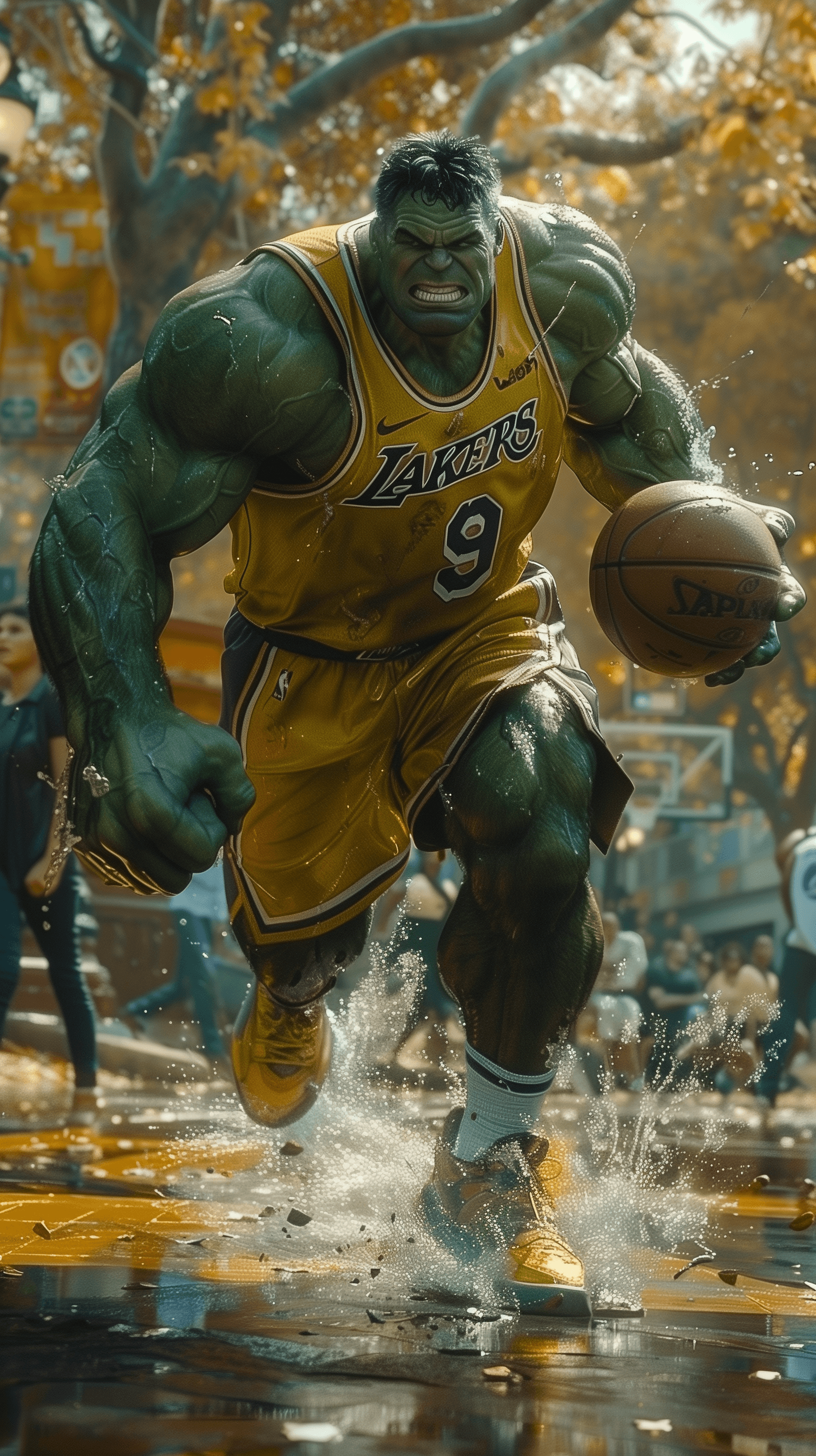 AI generated: 
Marvel's Hulk playing basketball, he is jumping to dunk on the hoop and he is dressed in the Laker...