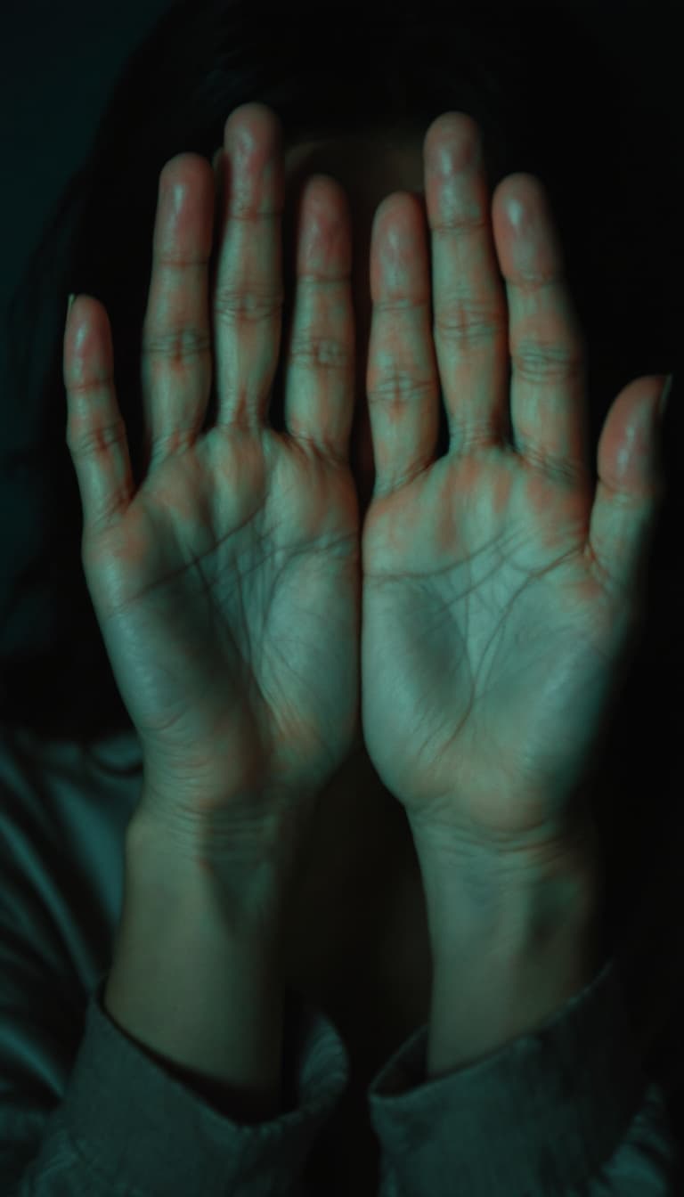 AI generated: woman standing with her hands in front of her eyes palms facing towards the viewer, cinematic lighti...