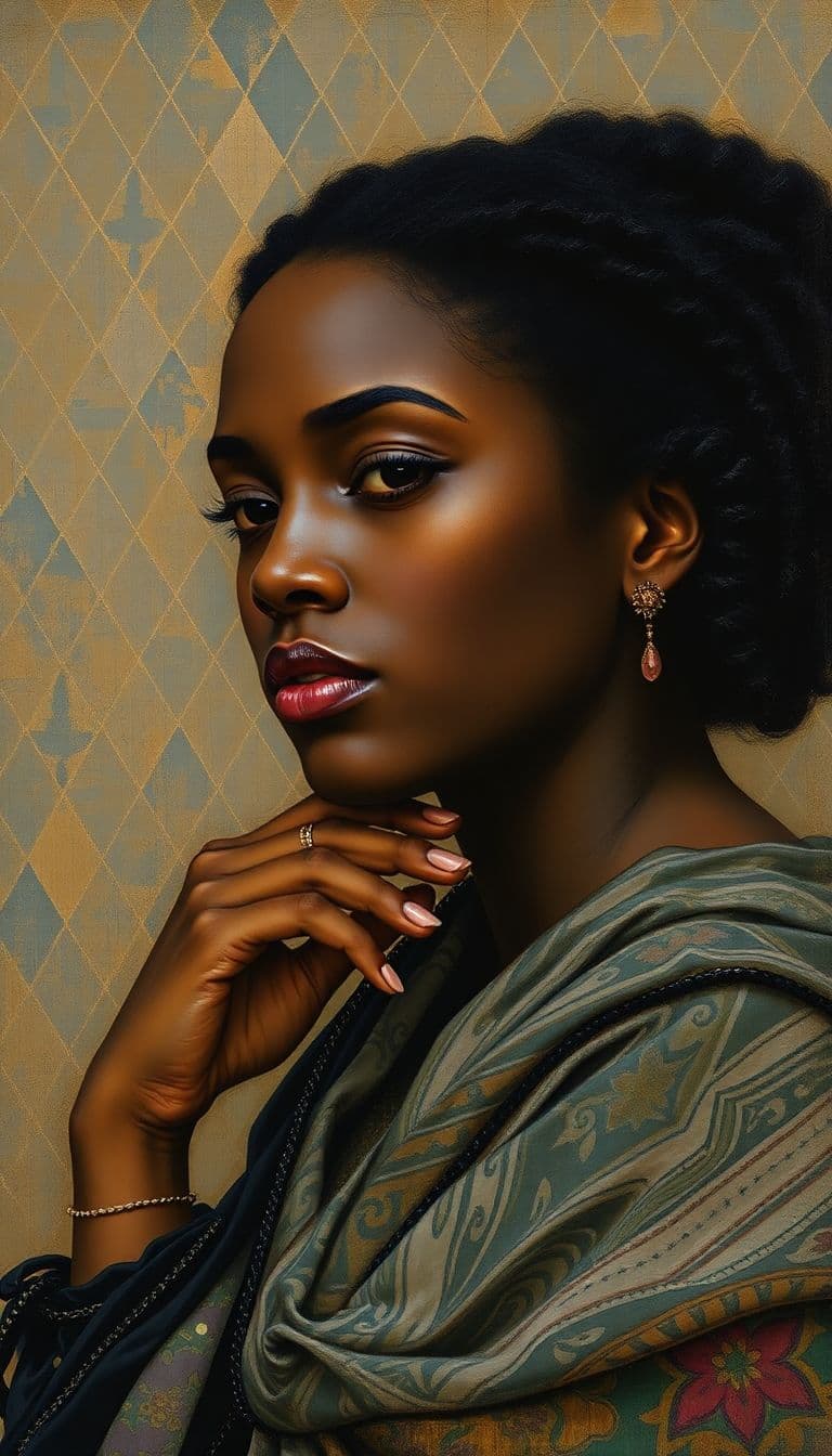 AI generated: Black-Woman-dark-skin-john-william-waterhouse-klimt-agnes-cecile-alphonse-mucha-lawrence alma-tadema...