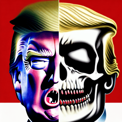 AI generated: image of donald trump with a vicious expression with his face stretched over the surface of a skull ...