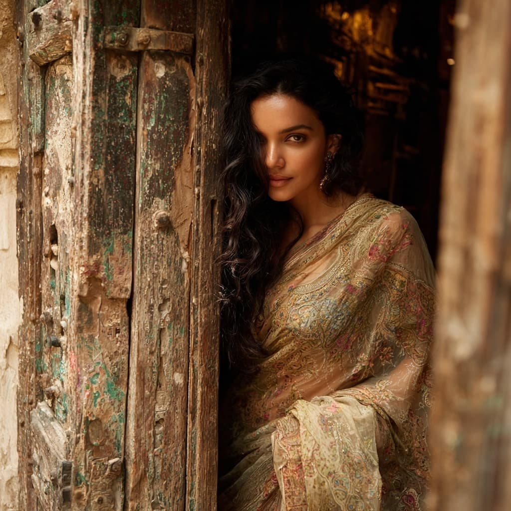 AI generated: A breathtakingly beautiful, voluptuous, curvy Indian woman stands gracefully at the threshold of an ...