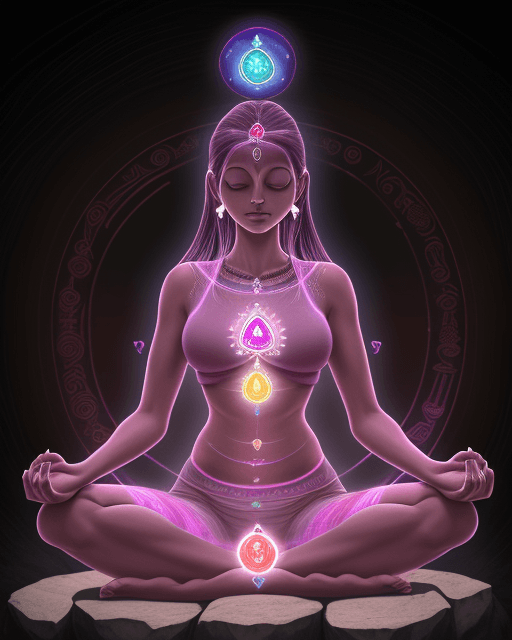 AI generated: A Yoga Women Sitting in Deep within an ancient, the chakras should be aligned vertically, starting f...