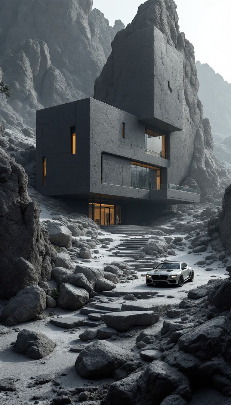 AI generated: the futuristic house in a rocky area with car, rock and house, in the style of dark gray and dark bl...