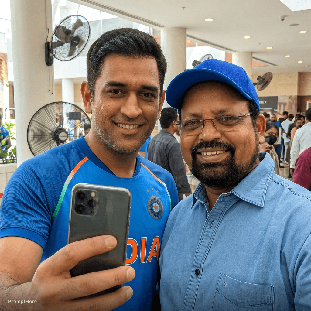 AI generated: Ek selfie MS Dhoni ke sath Dhoni selfie Leta hua mere Sath