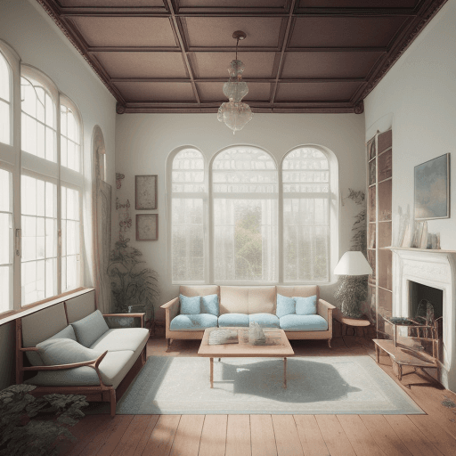 AI generated: High resolution photography interior design, dreamy sunken living room conversation pit, wooden floo...