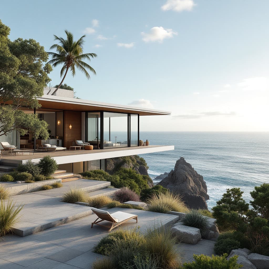 AI generated: Hyper realistic eye level exterior photo of a mid century modern style house overlooking the ocean, ...