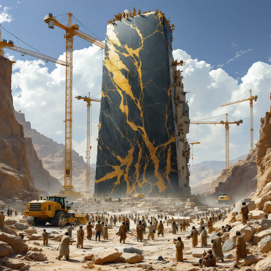 AI generated: A sprawling construction site nestled in a rugged desert valley, where hundreds of miniature people—...