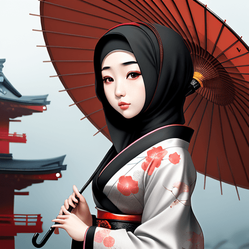 AI generated: a japanese girl wearing hijab, with an umbrella android app, in the style of geisha portraiture, hyp...