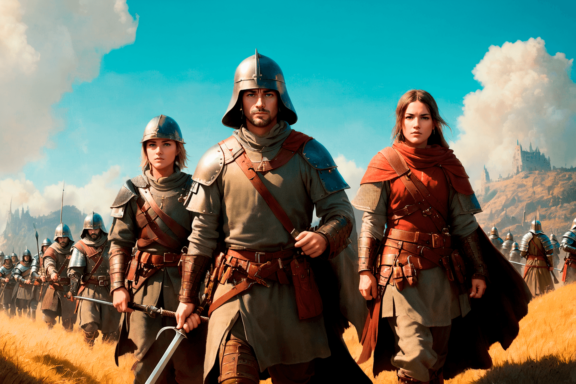 AI generated:  a medieval warfare, medieval battlefield, war, hundreds of warriors, fantasy world, digital art, gl...