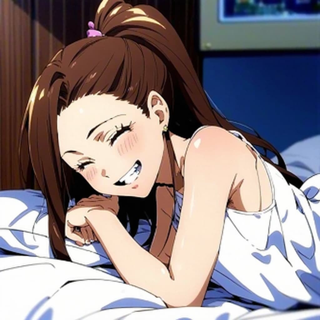 AI generated: score_9, score_8_up, score_7_up, 1girl, lying on bed, long hair, ponytail, looking at viewer, lookin...