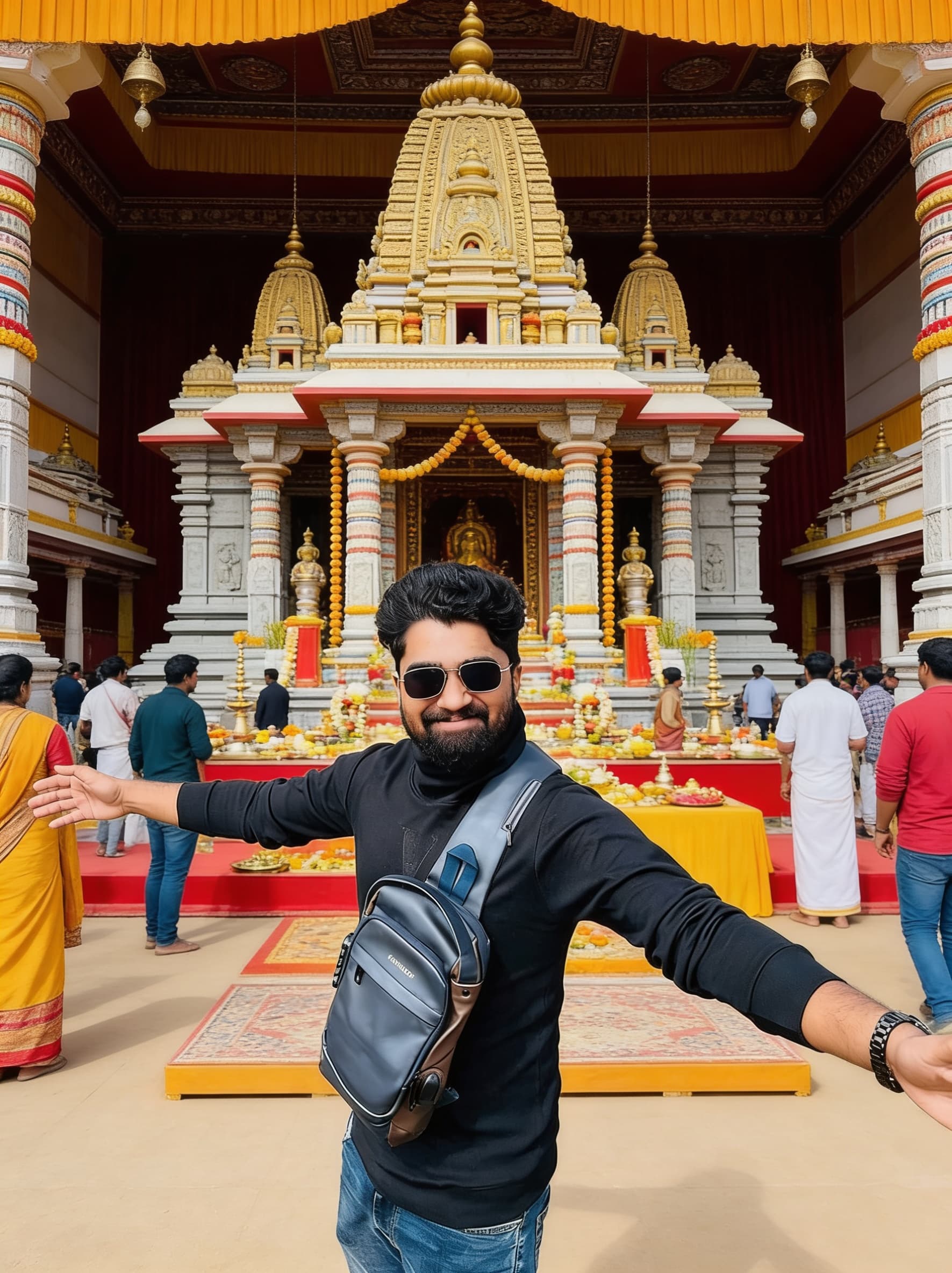 AI generated: replace background to an indian temple setup and add other people in background with same lighting 