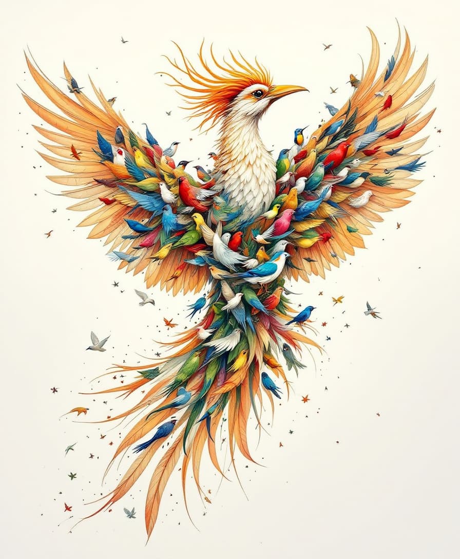 AI generated: A majestic phoenix-like bird with the Hoopoe bird head ,composed entirely of various smaller birds w...
