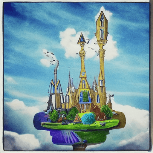 AI generated: draw small fantasy houses with birds, one above the other forming a BIG TALL TOWER , Disney style !!...