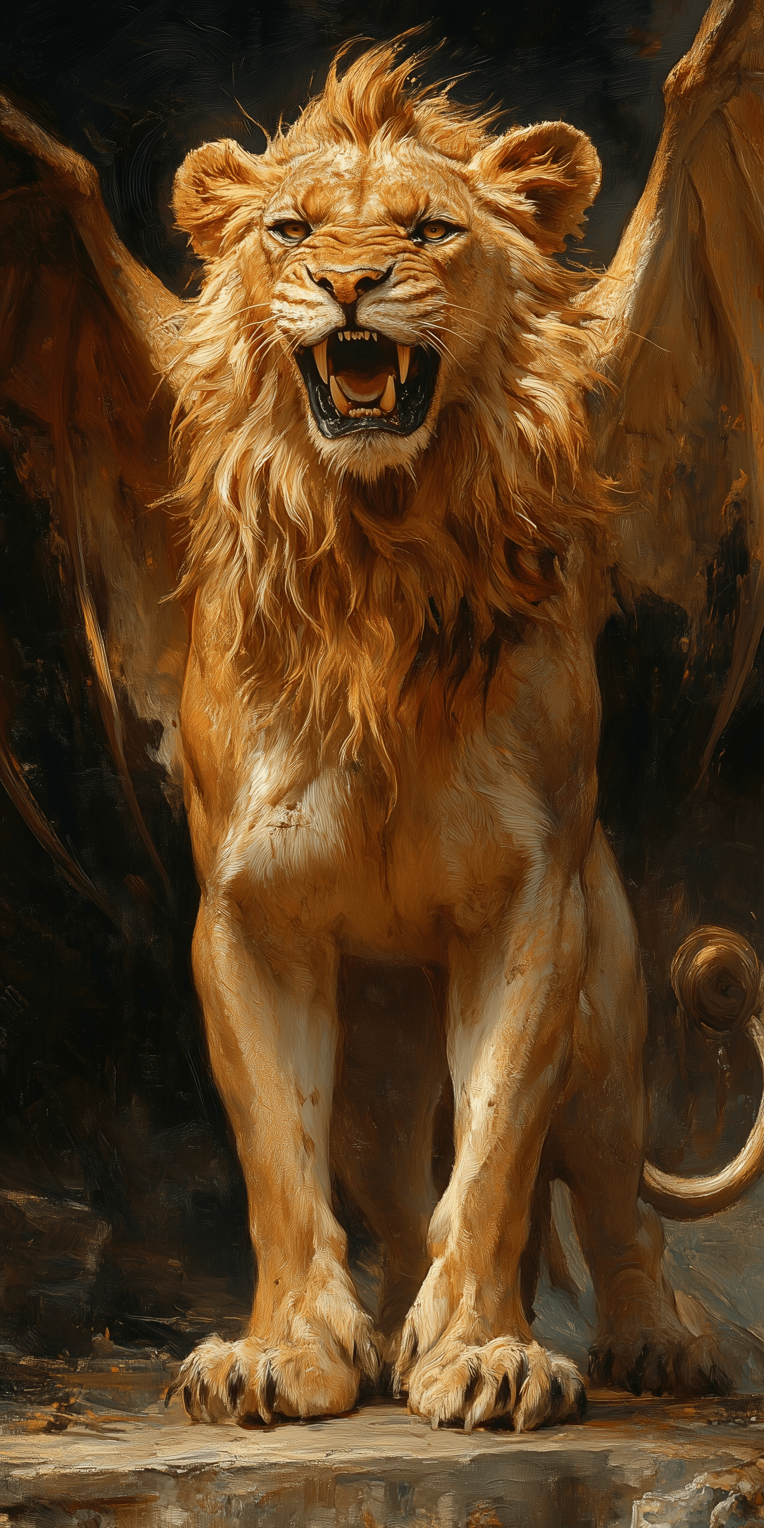 AI generated: A fierce lion with large wings, standing on its hind legs and roaring, in the style of Craig Mullins...