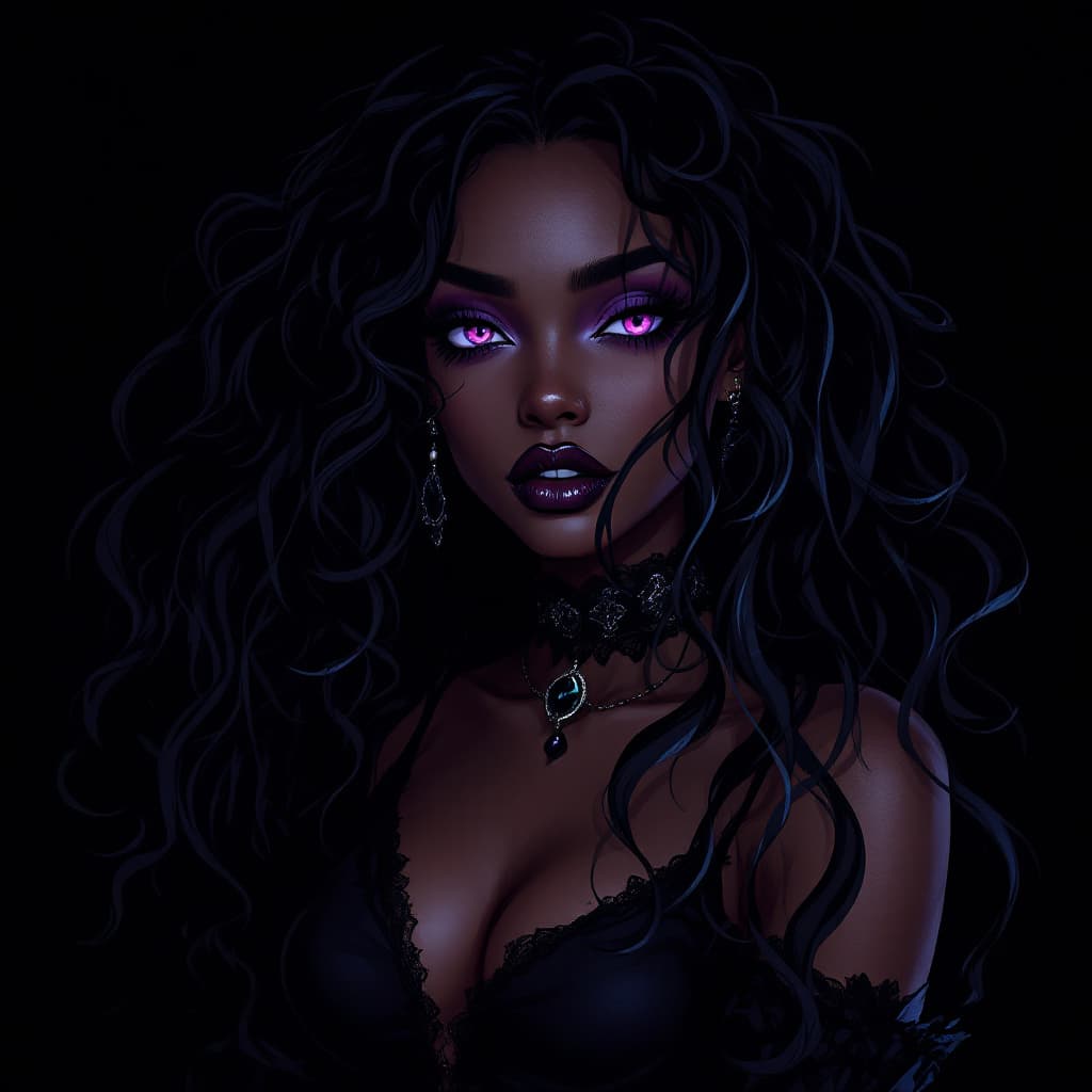 AI generated: gothic anime style,a Girl is cold and arrogant,dark mocha skin, white makeup,purple eyes, long black...
