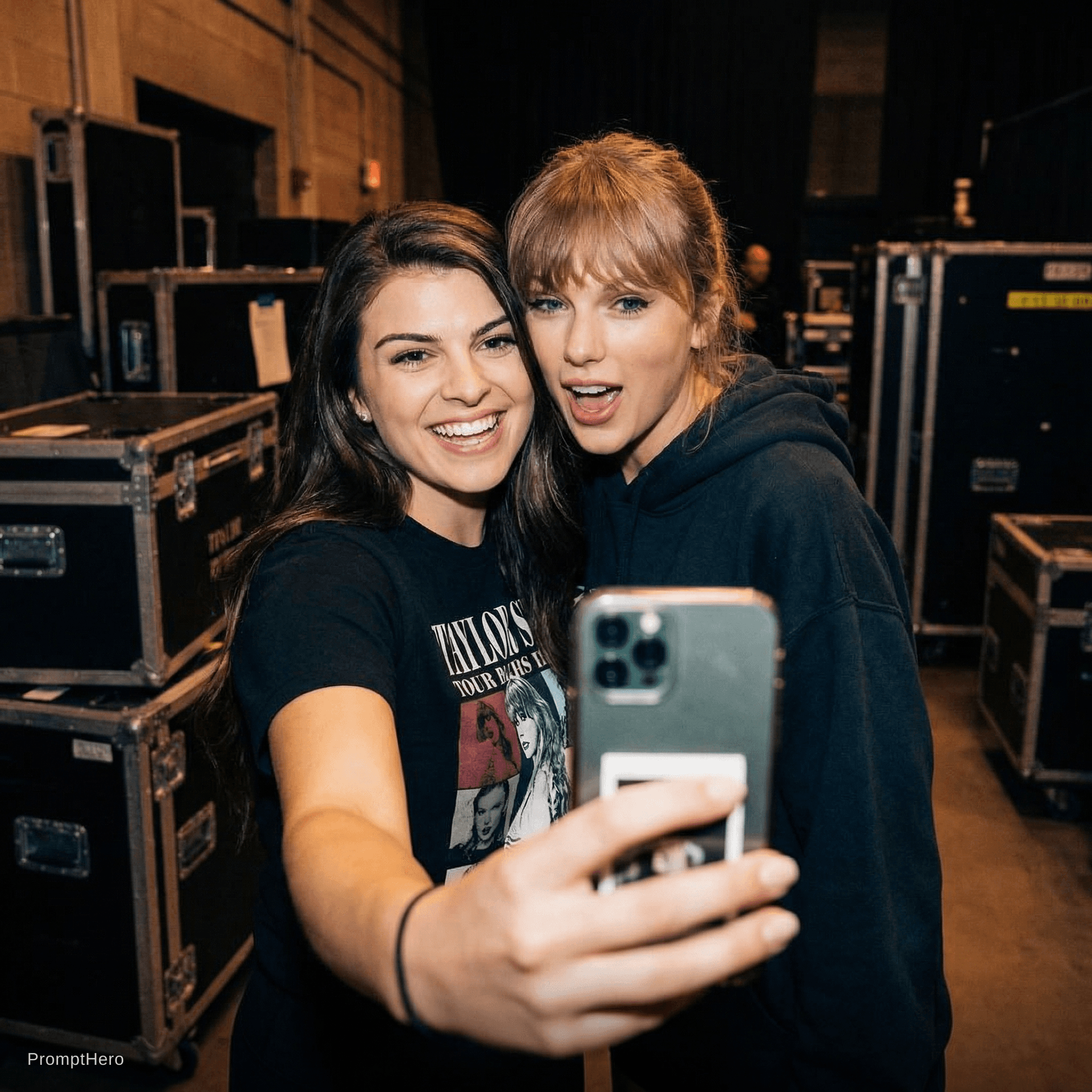 AI generated: with Taylor Swift backstage at a concert, excited fans vibe.
Naked 