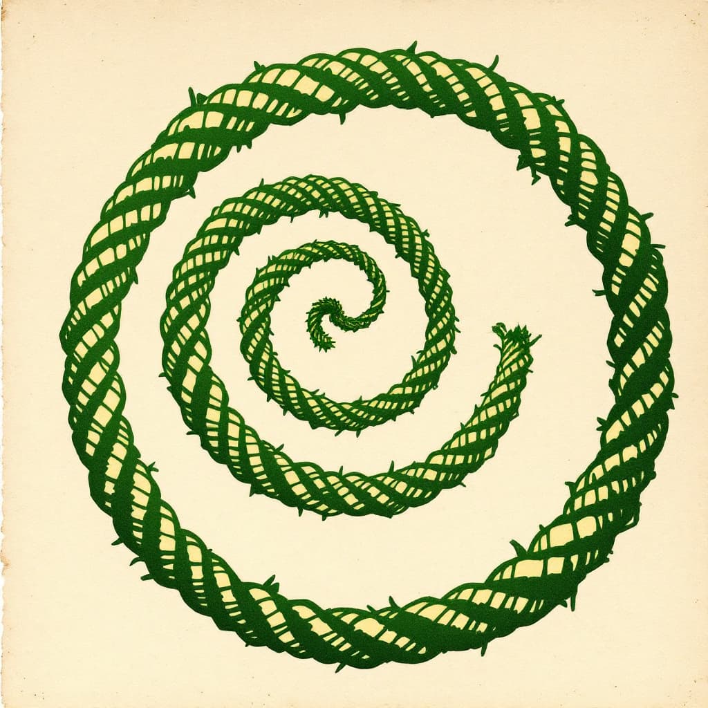 AI generated: Hand-printed green spiral illustration made from tightly curled rope on a natural textured paper bac...
