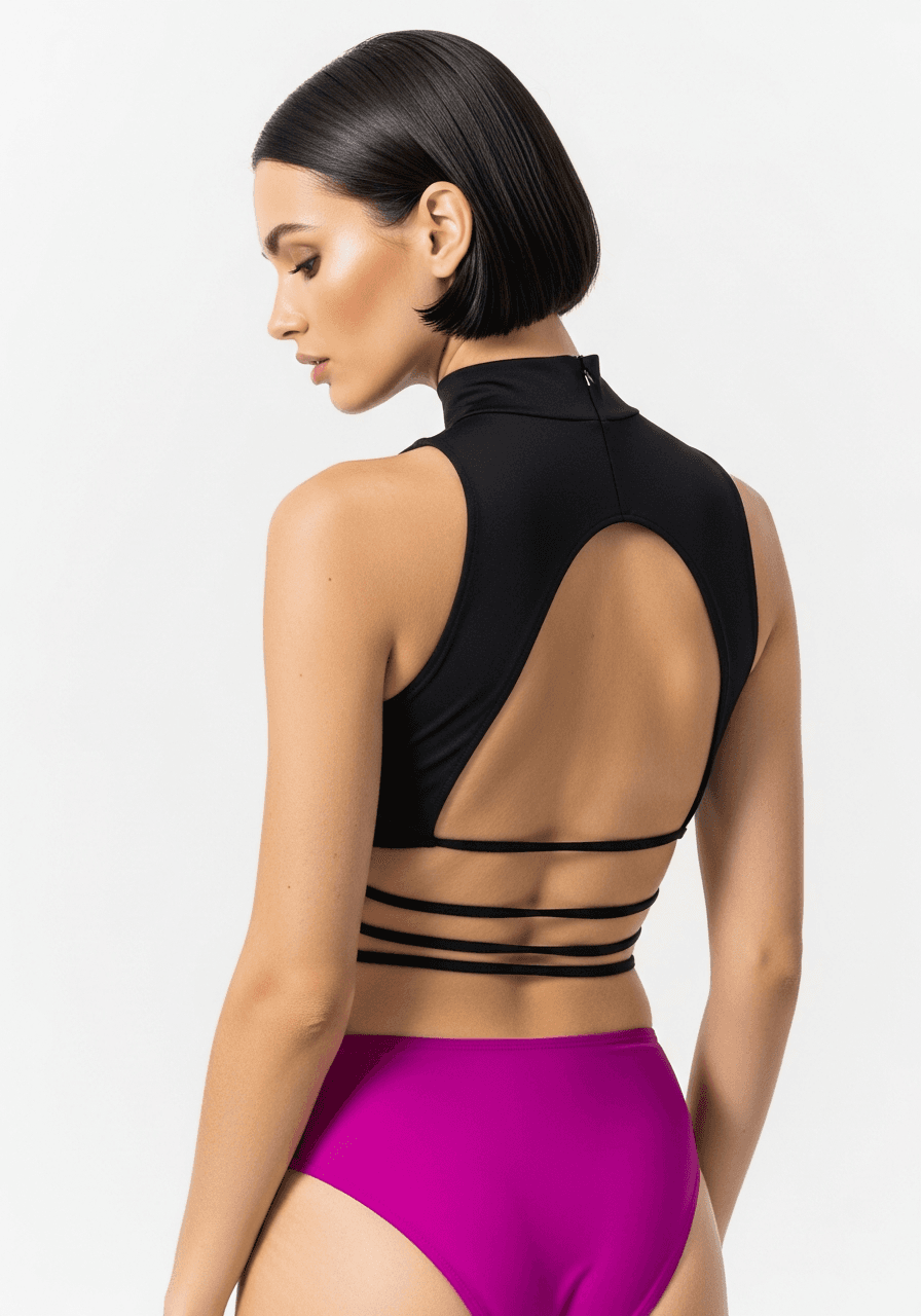 AI generated: High-fashion editorial studio photography of a woman with a short dark bob haircut, looking down ove...
