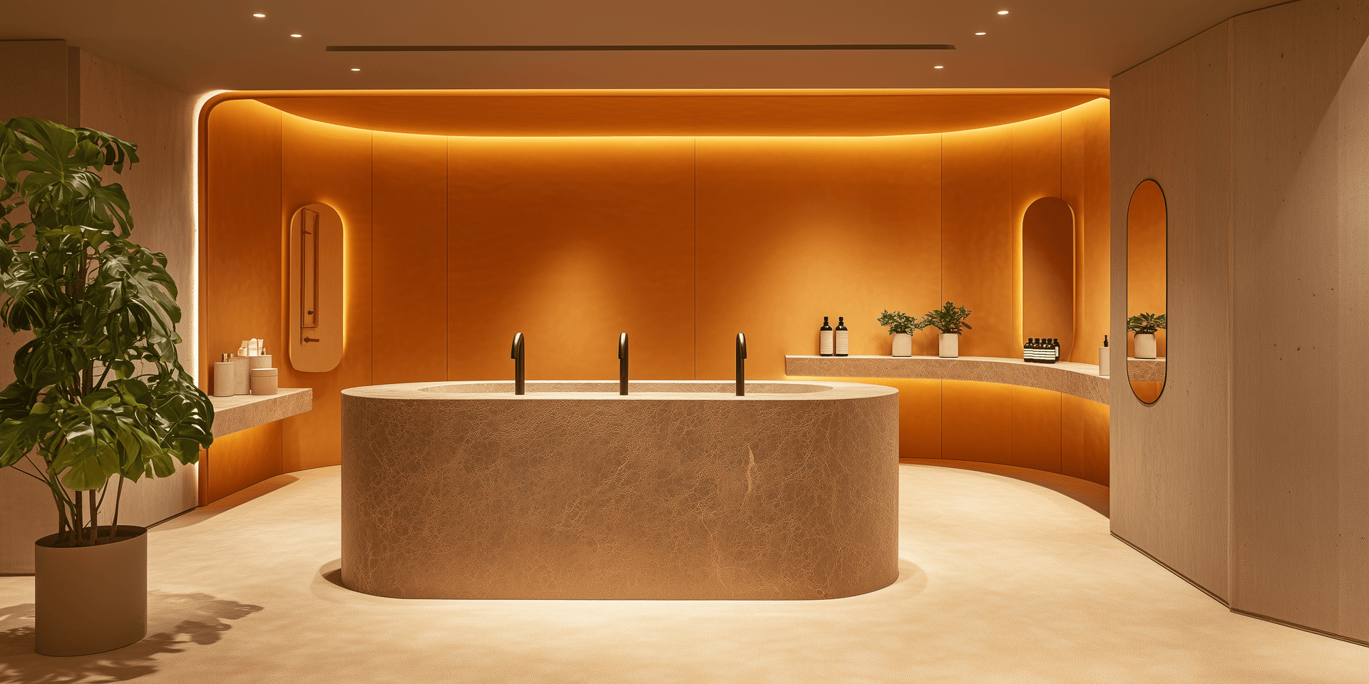 AI generated: Photo, Aesop-branded store design, minimal interior space with warm, low-illumination indirect light...