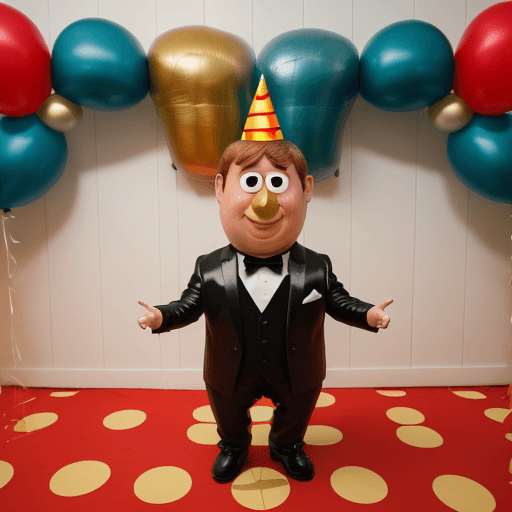 AI generated: a mr potato head dressed as james bond in a bland room decked out for birthday party