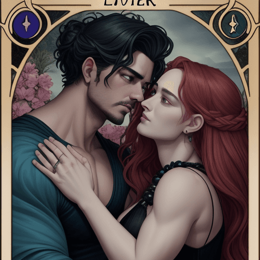 AI generated: a queer cottage core style tarot card of the lovers, not realistic, hades and persephone vibes