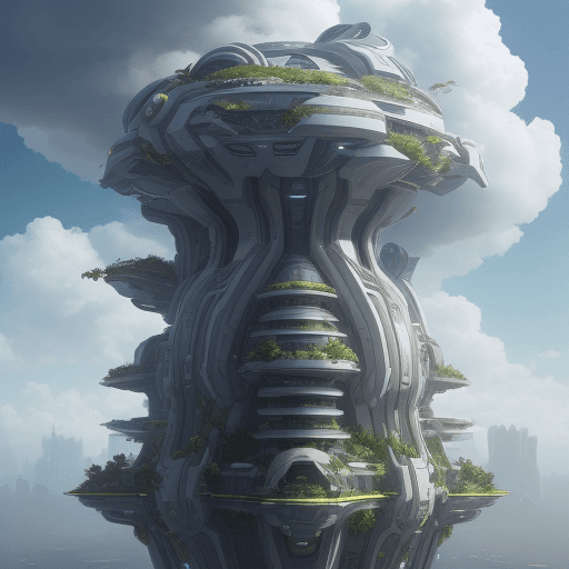 AI generated: futuristic and fantasy building, clouds around it, plants surrounding it, aesthetic and beautiful, u...