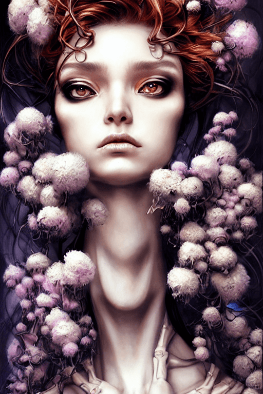AI generated: portrait, headshot, insanely nice hair style,  dramatic hair color, digital painting,  gentle friend...