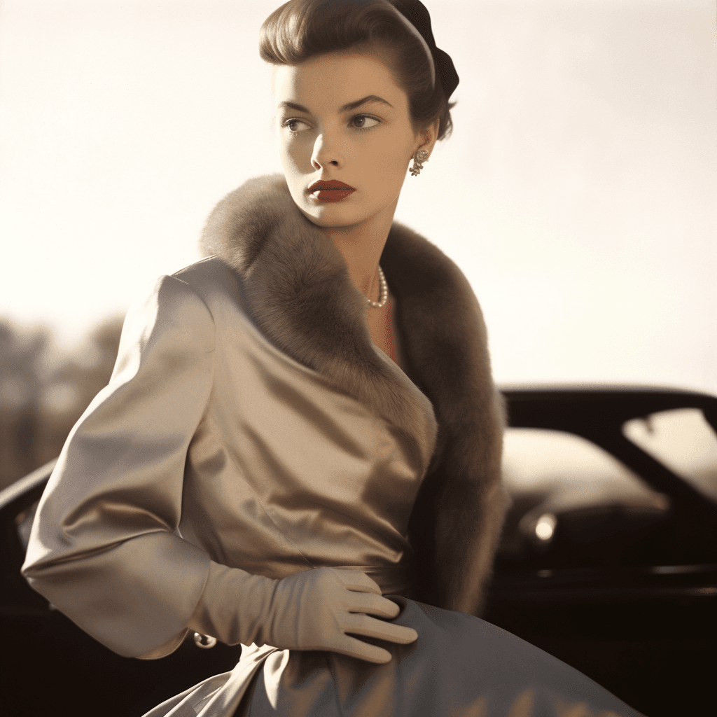 AI generated: high fashion, vogue , 1957, ray tracing, perfect yes, Kodak portra 800, f1. 8, golden hour