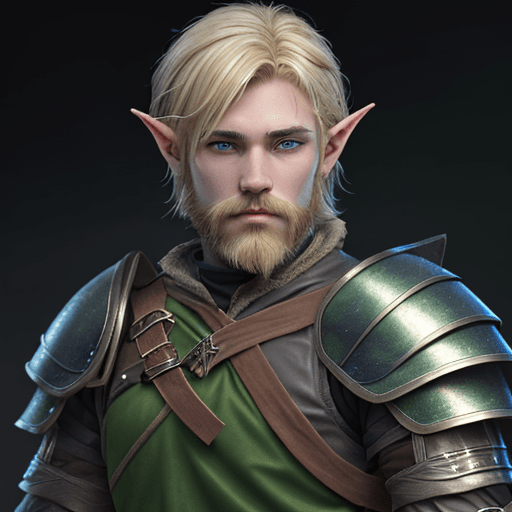 AI generated: 18 year old Half-Elf male from D&D, shaggy blonde hair, blonde bearded, ranger, black and green weak...