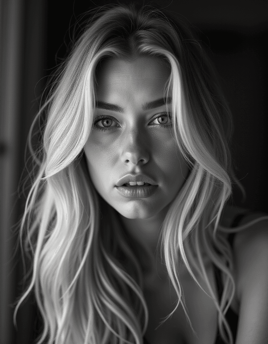 AI generated: b&w, instagram photo, portrait photo of 26 y.o blonde woman, perfect detailed eyes, natural skin, ha...