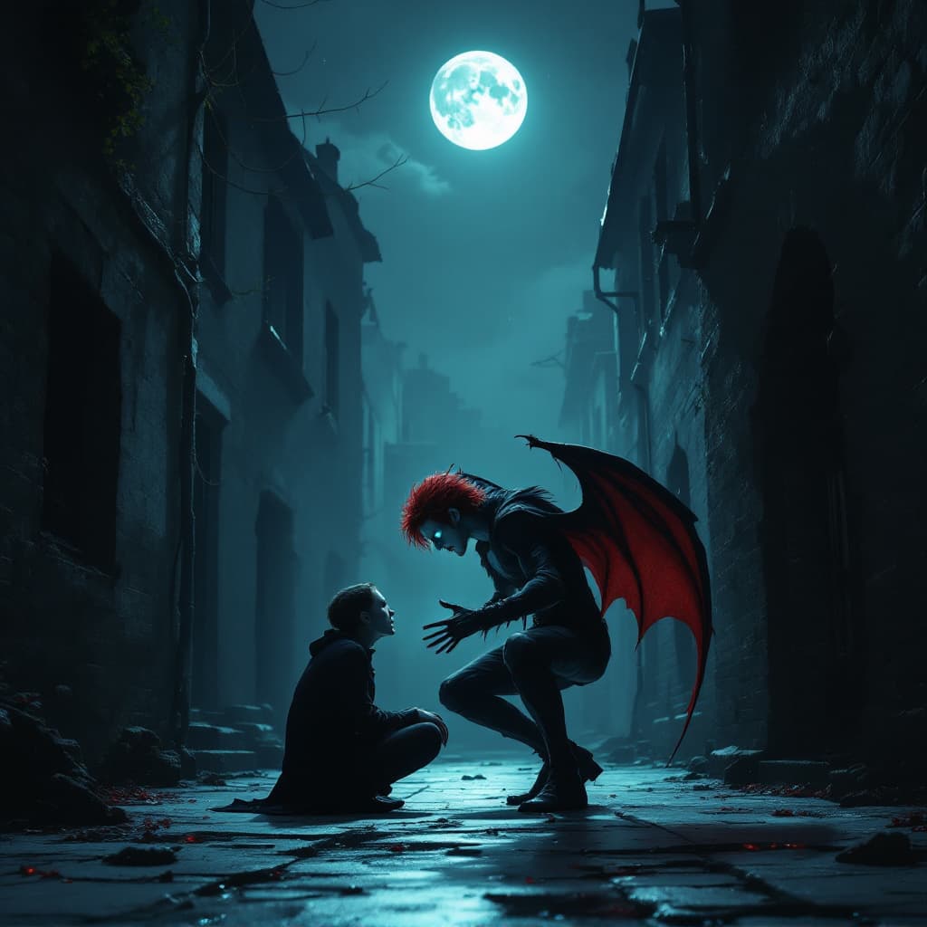 AI generated: The scene takes place in a dark alley, illuminated only by the pale light of the moon. The vampire s...