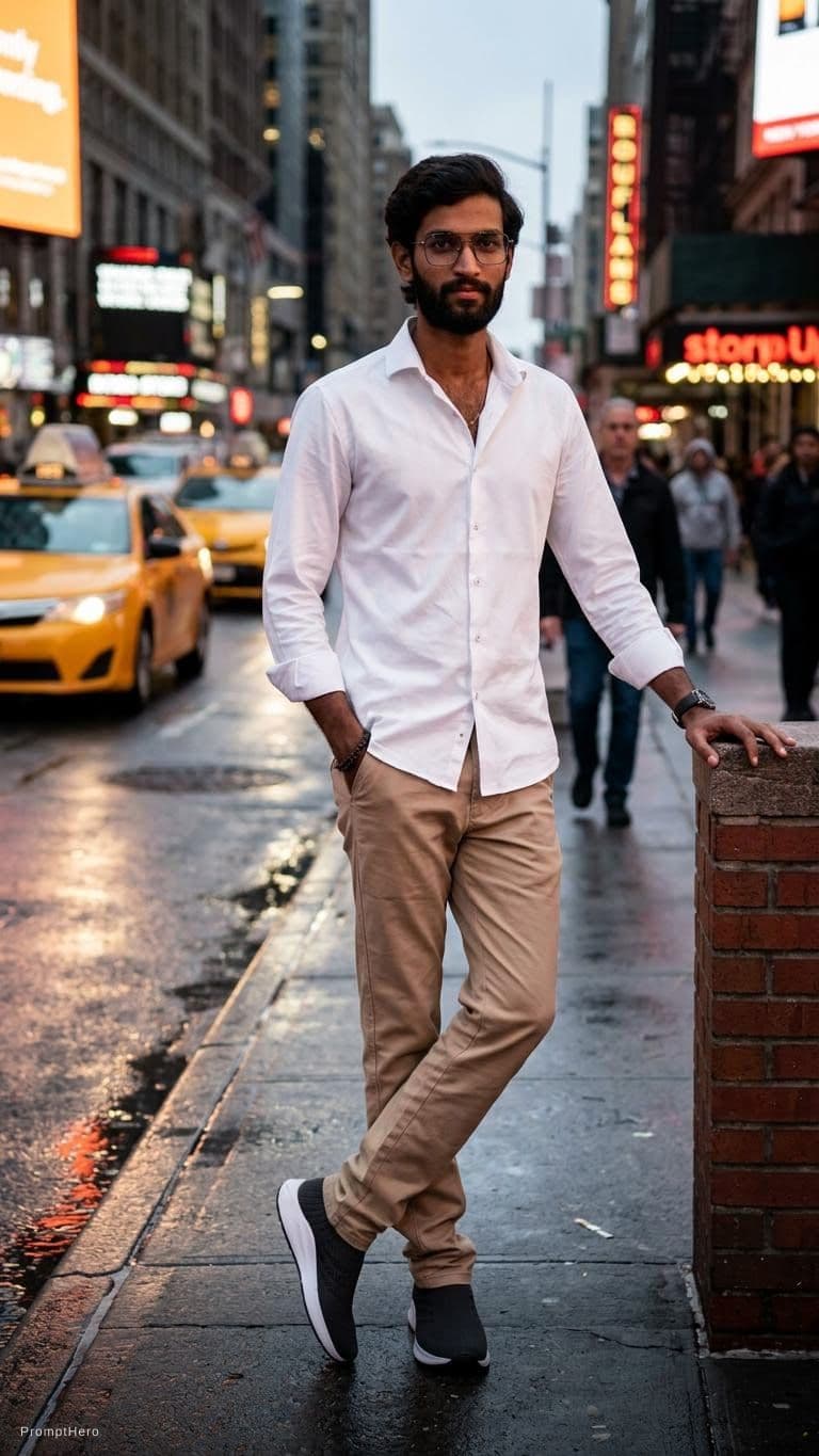 AI generated: A high-fashion Vogue-style photoshoot of a man posing confidently on a New York street at dusk. The ...
