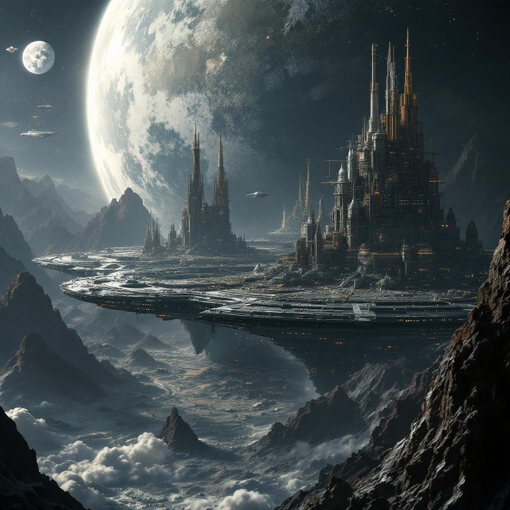 AI generated: A massive Luna space station city covering the total dark side of Earth's moon, hidden from their vi...