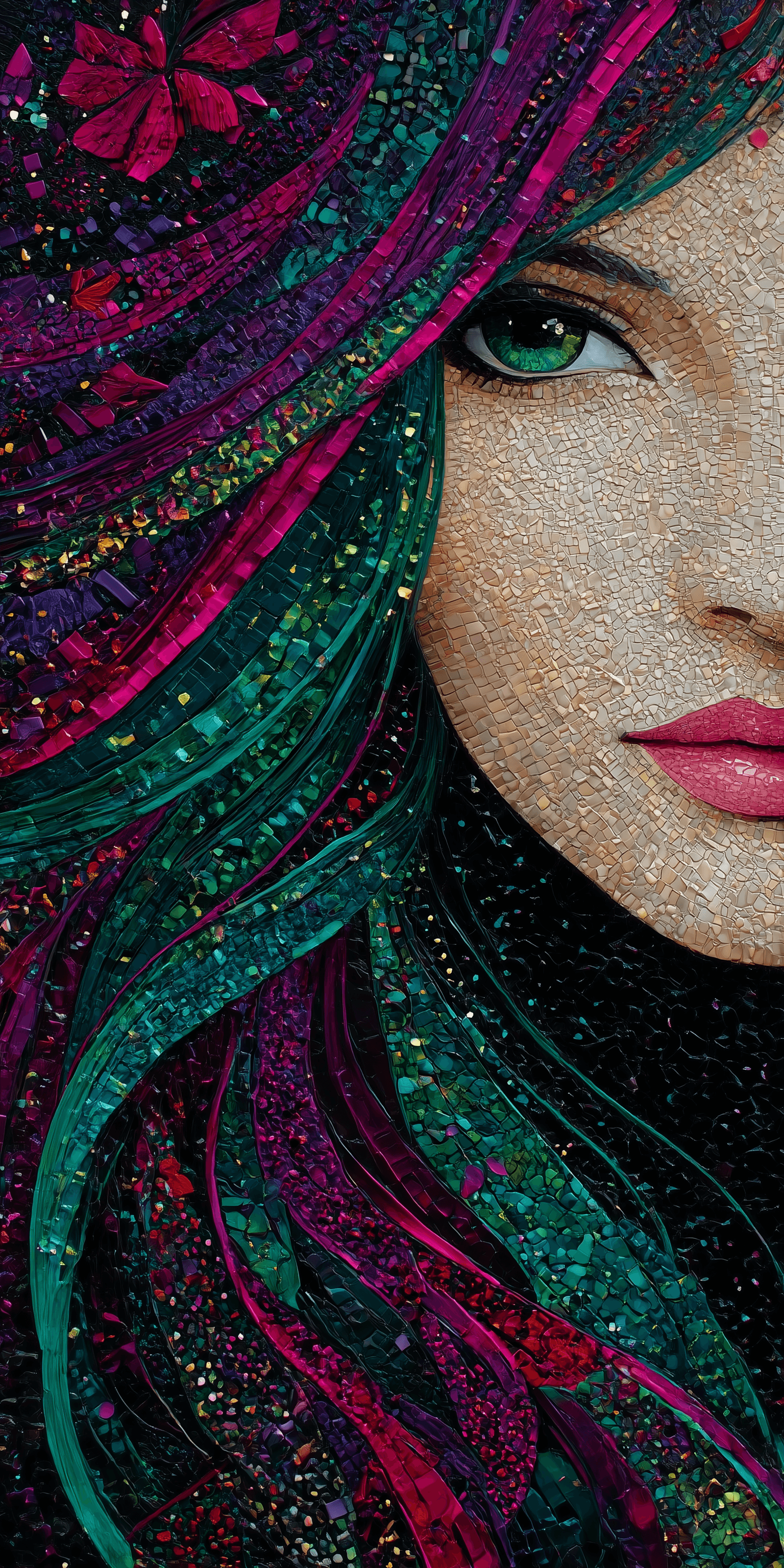 AI generated: An enchantingly vibrant outré nymph, radiating vivid hues of fuchsia and emerald, her flowing hair a...