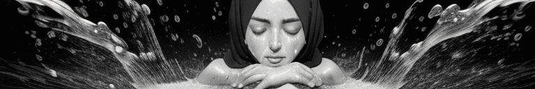 AI generated: 3/4 shot, black and white photograph, a (busty:1.1) naked hijabi woman covering her chest with her h...