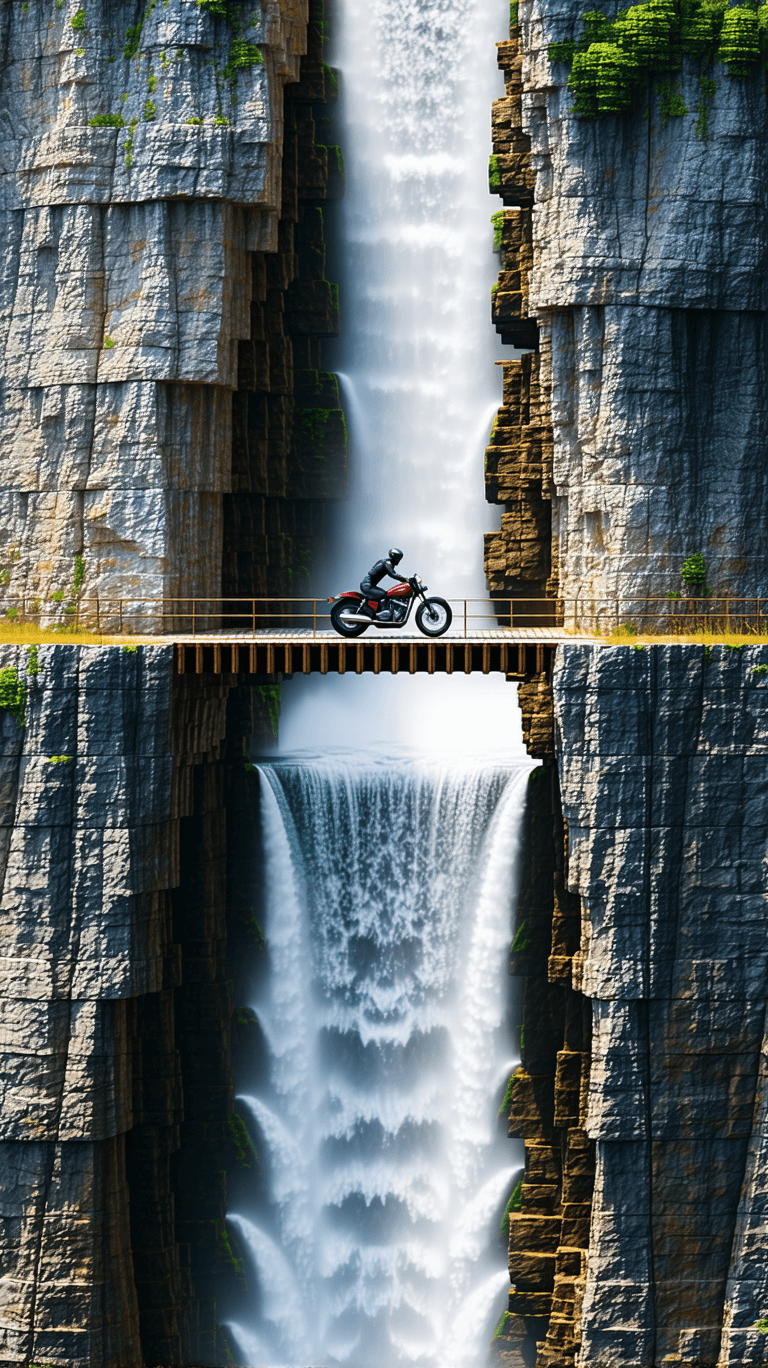 AI generated: POV helmet camera shot of a Harley-Davidson Iron 883 rider descending a fractured walkway carved int...