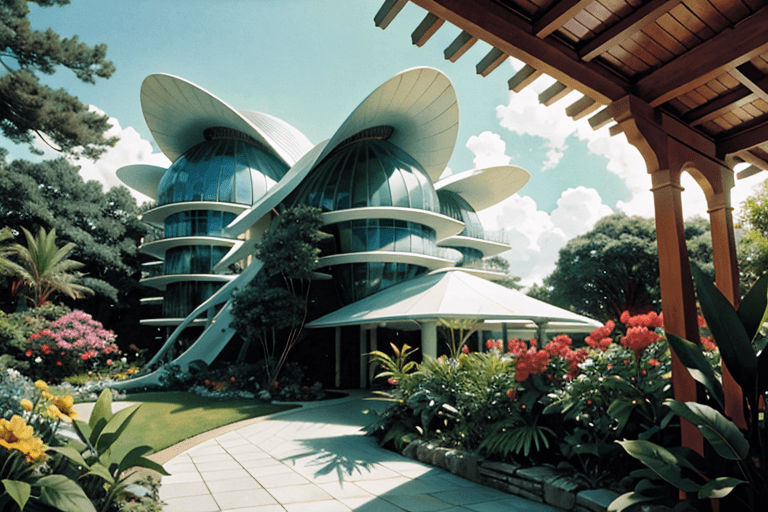 AI generated: masterpiece, eco building full of outdoor plants Futuristic vision, Nikon D85, Cinestill 800, f1.6, ...