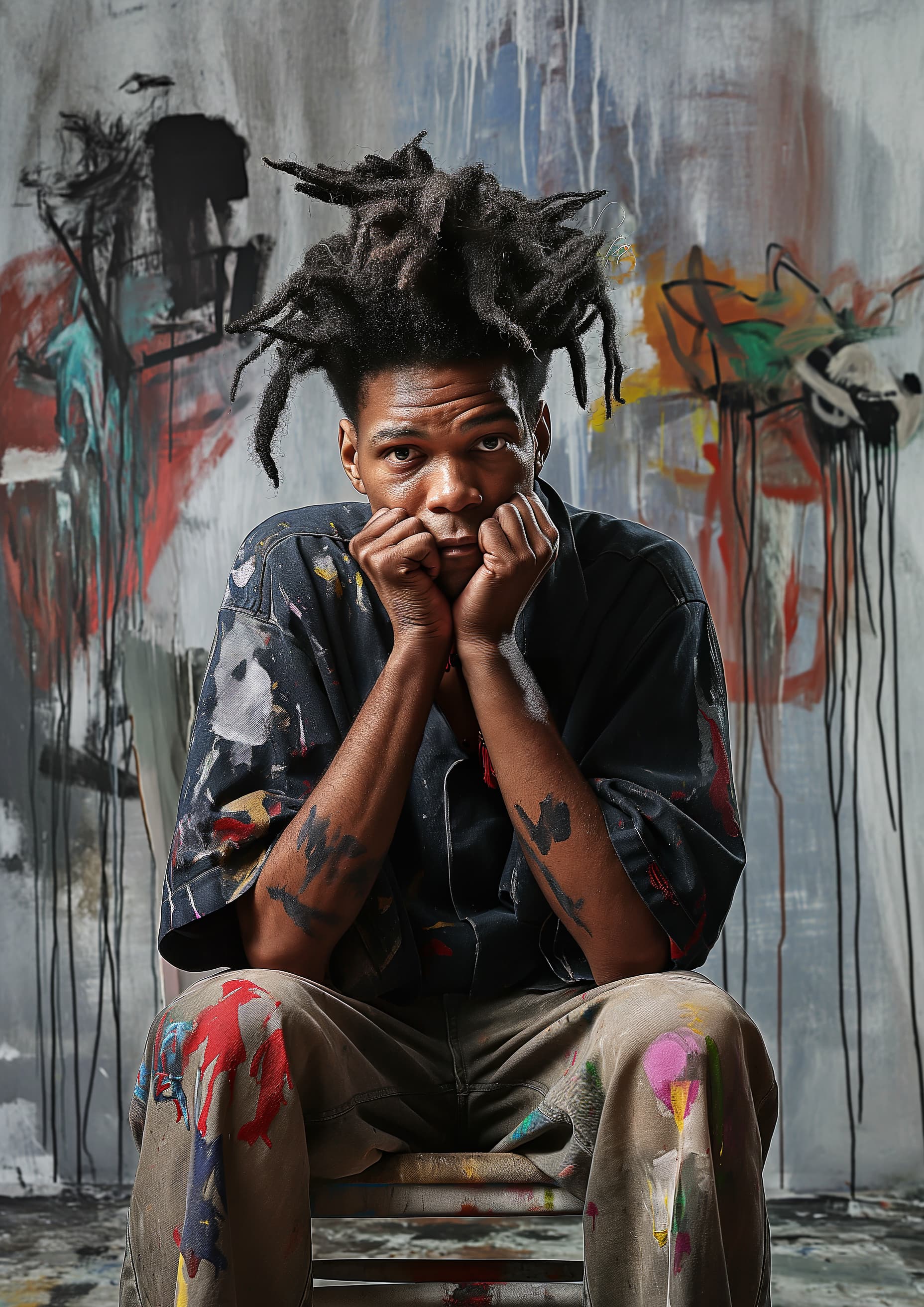 AI generated: portrait of jean-michel basquiat sitting on a chair, his hands are joint in front of his mouth, he i...