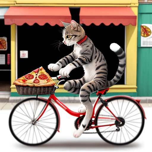 AI generated: A cat riding a bicycle with a pizza in hand
