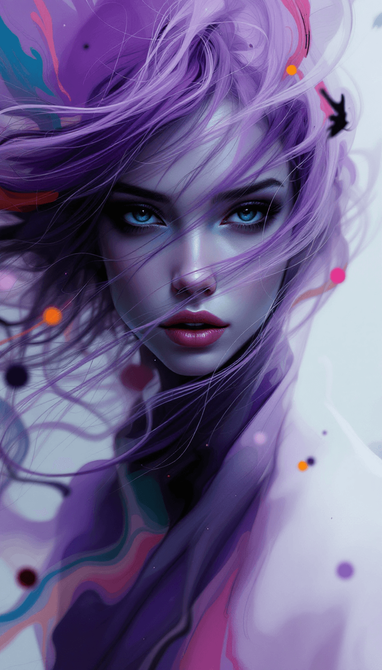 AI generated: An abstract figure with flowing, violet hair, that seems to blend into her background. Her eyes are ...