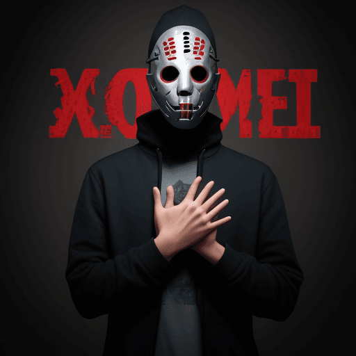 AI generated: a person with a jason mask holding the words victomega with their hands