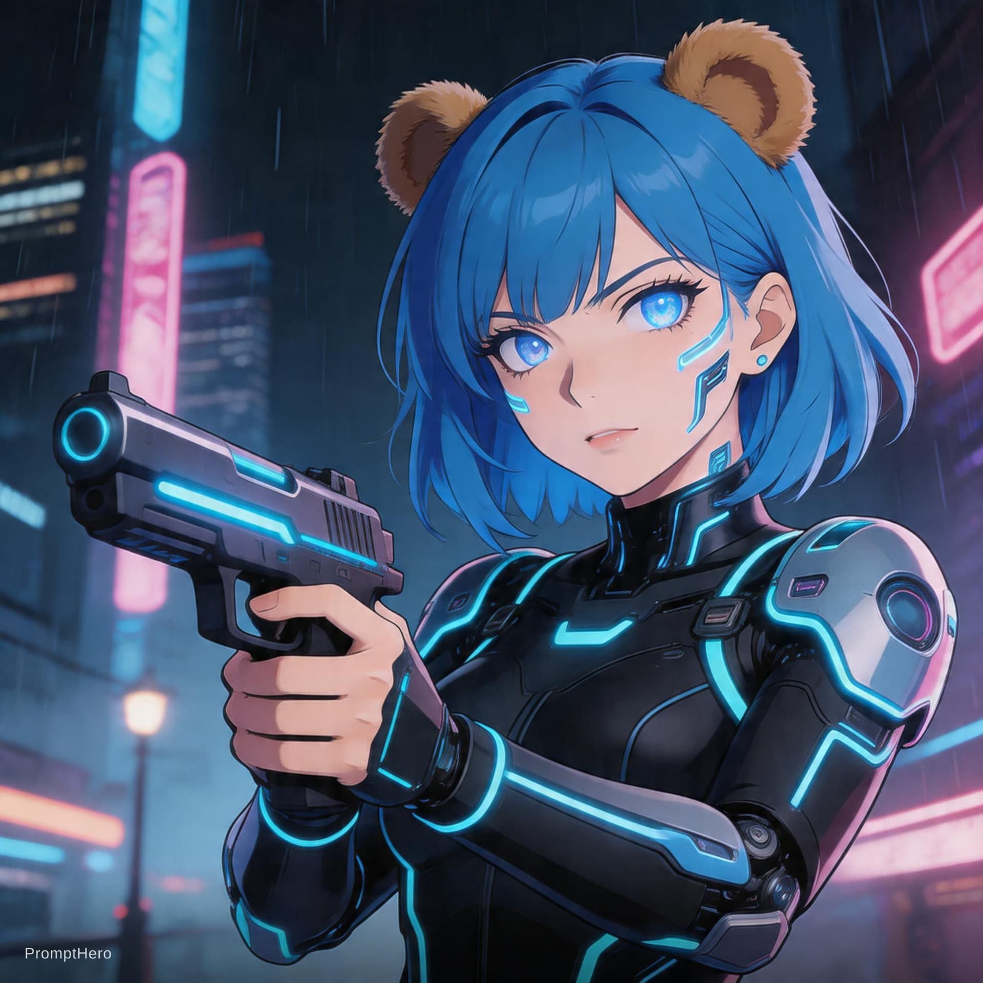AI generated: a woman with blue hair holding a gun,  bear ears
female cyberpunk anime girl, marc brunet, cyberpunk...