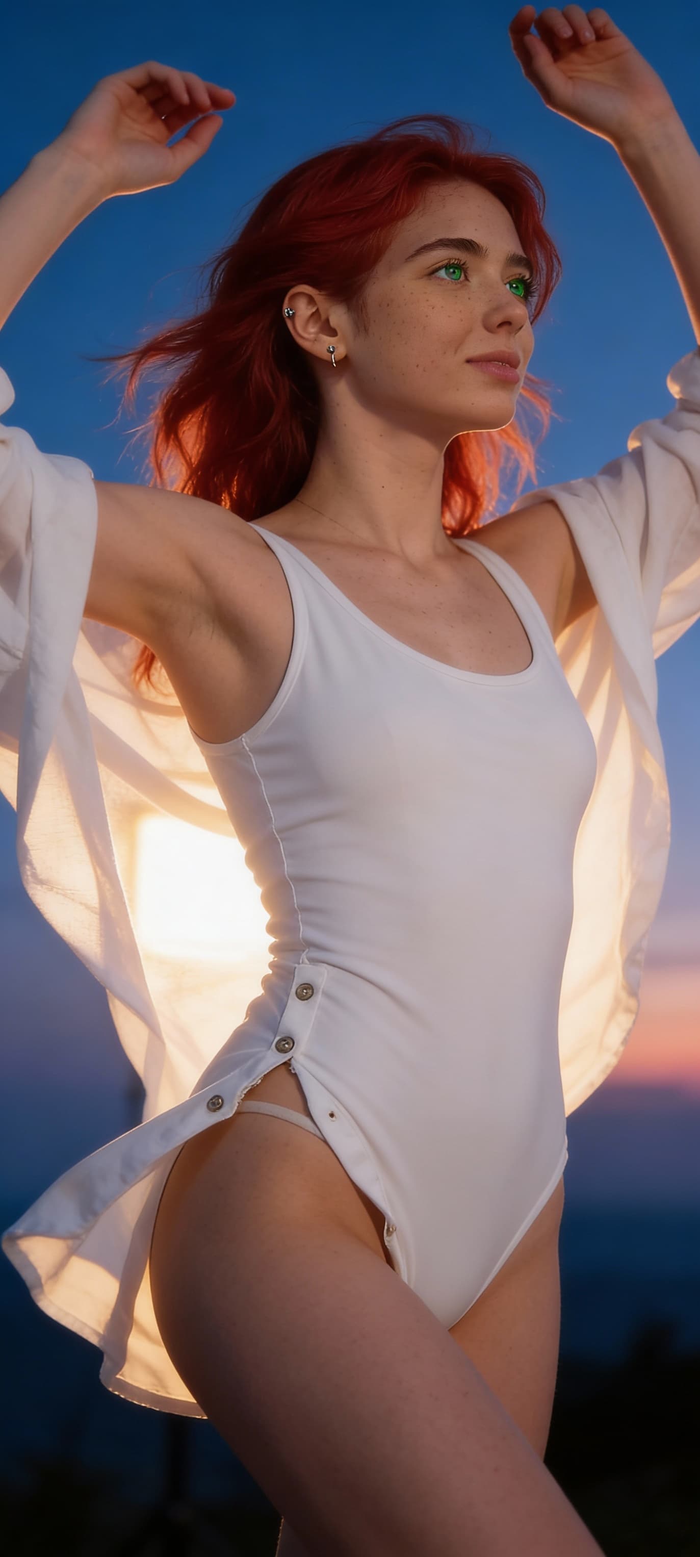 AI generated: Ultra-realistic twilight Head to toe shot of a red-haired woman with bright green eyes, freckles viv...