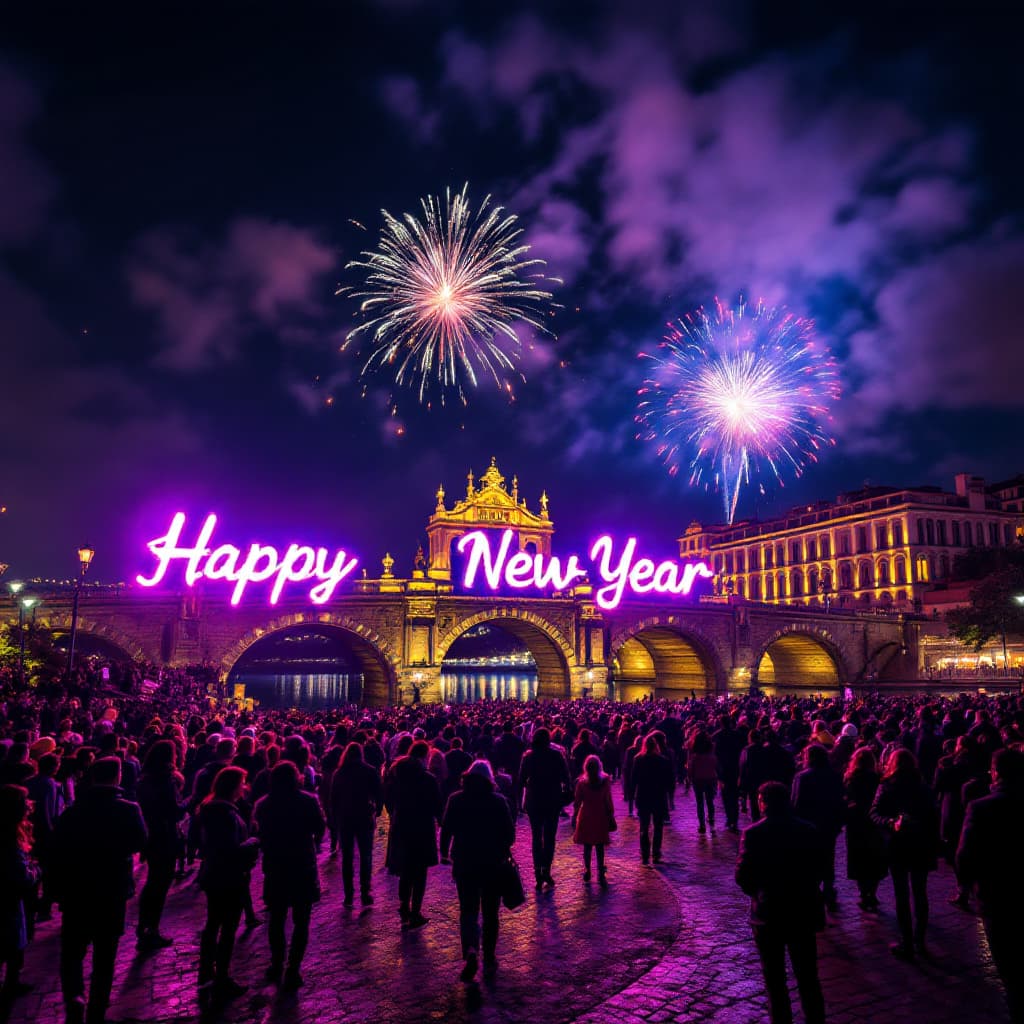AI generated: photography, a lively and festive image of people celebrating New Year's Eve in Taranto in front of ...