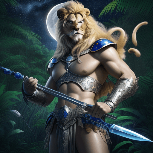AI generated: Lion, blonde warrior holding a silver and sapphire spear in a jungle, moonlit, starry sky, 4k, reali...
