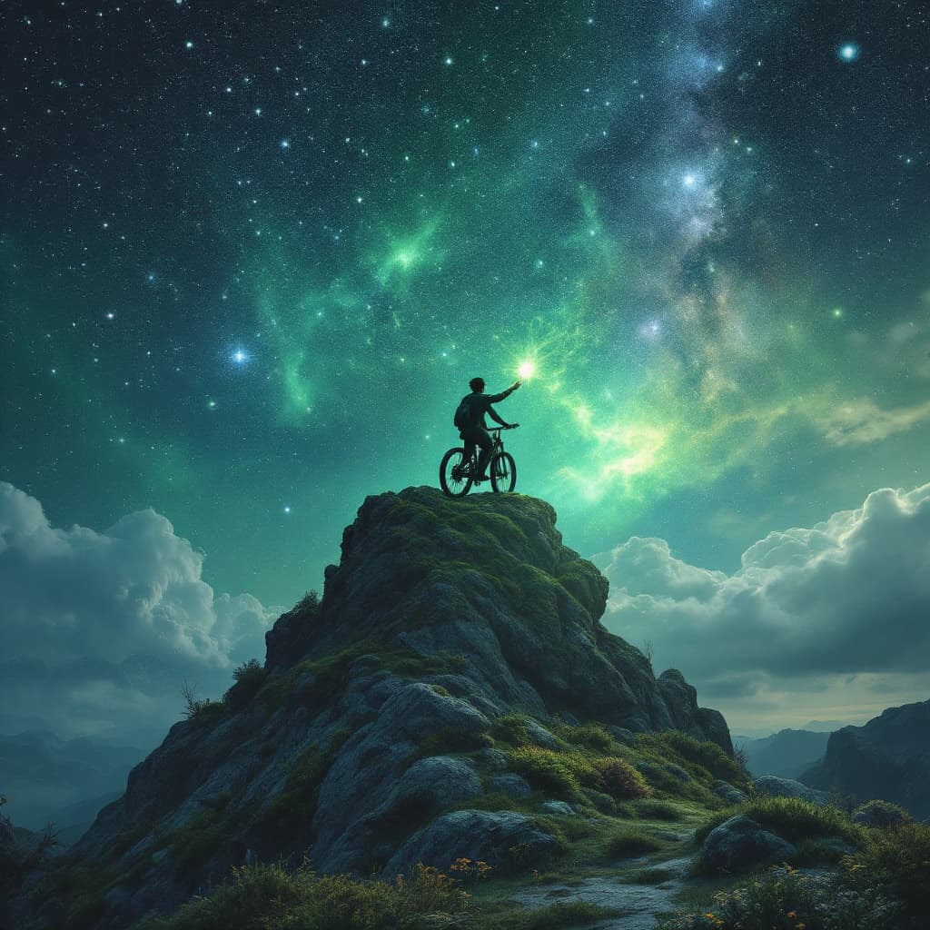 AI generated: A dream conjurer on top of a mountainbike of luminous greenery and beauty, hes sending dreams into t...