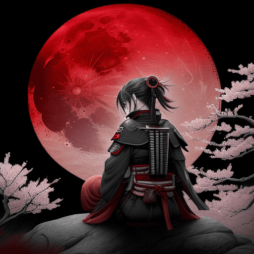 AI generated: blood stained moon, the last ronin depressed and angry on a Japanese mountain top with cherry blosso...