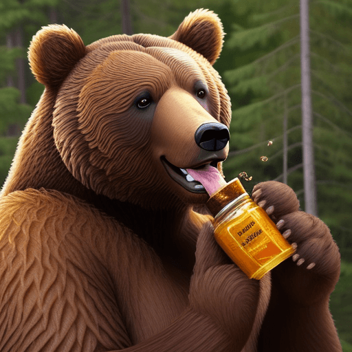 AI generated: Brown bear eating honey surrounded by smiling people