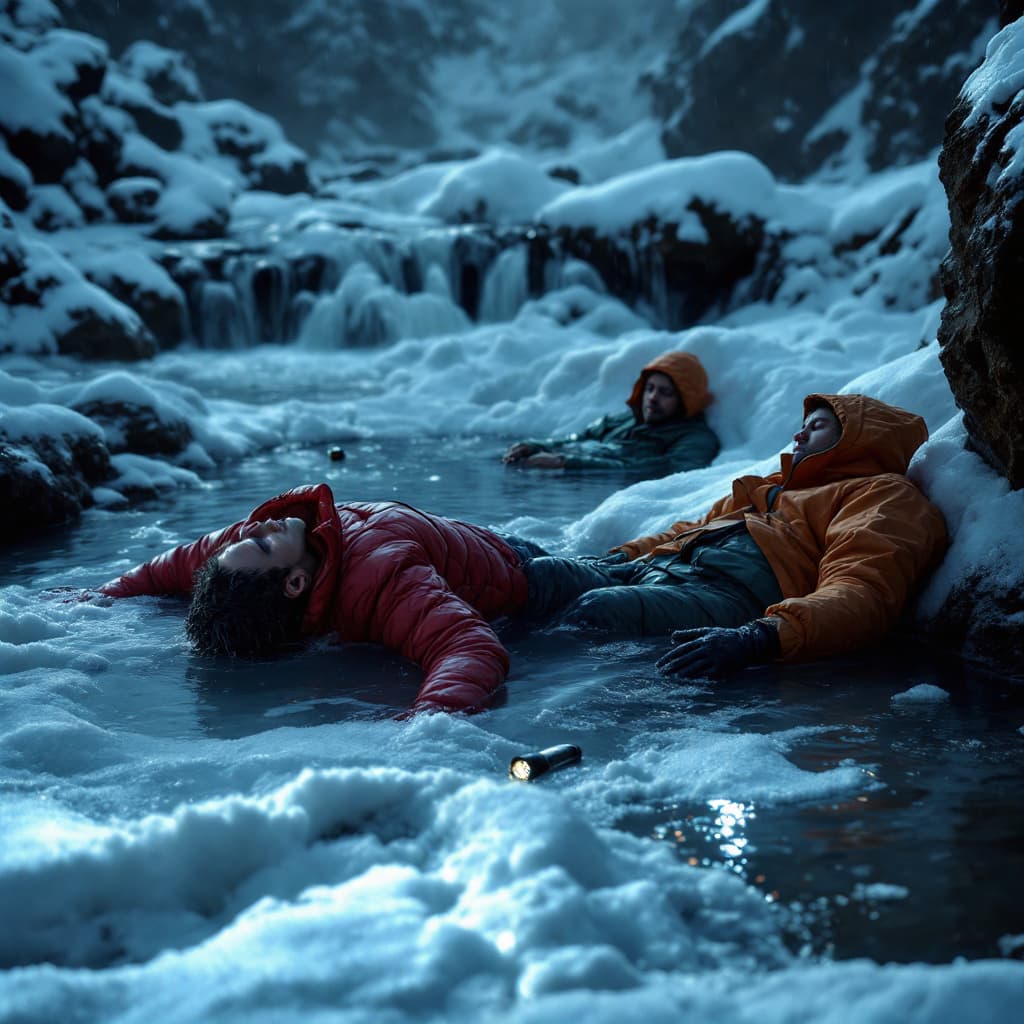 AI generated: Photo style, heavy snow, hot springs, small waterfalls, very dark night, strong winds, in the backgr...