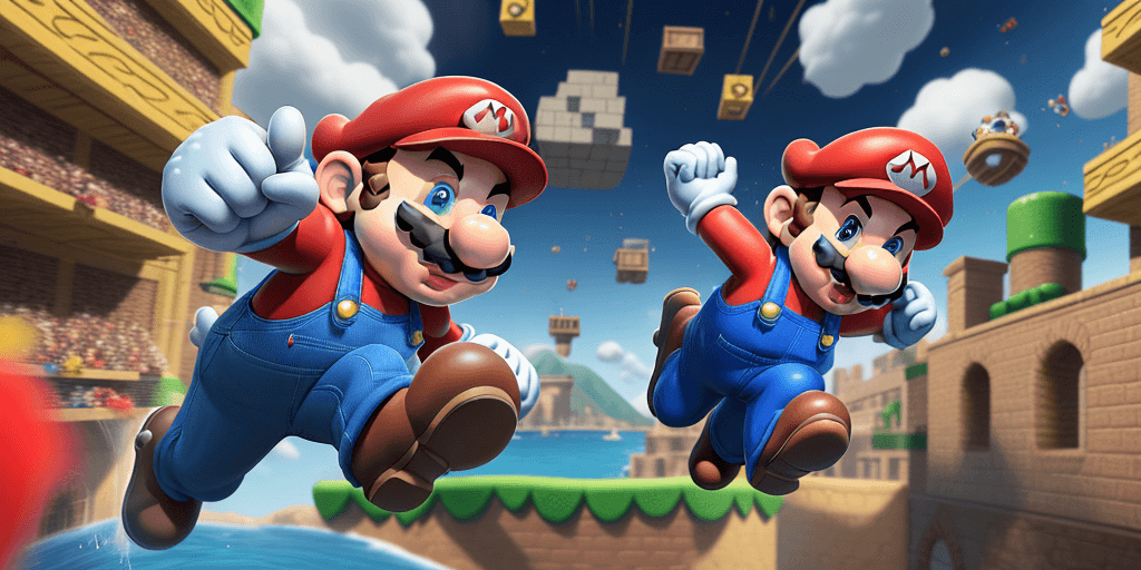 AI generated: "Craft a dynamic 4D artwork that brings Super Mario to life in an exhilarating sprint towards the vi...